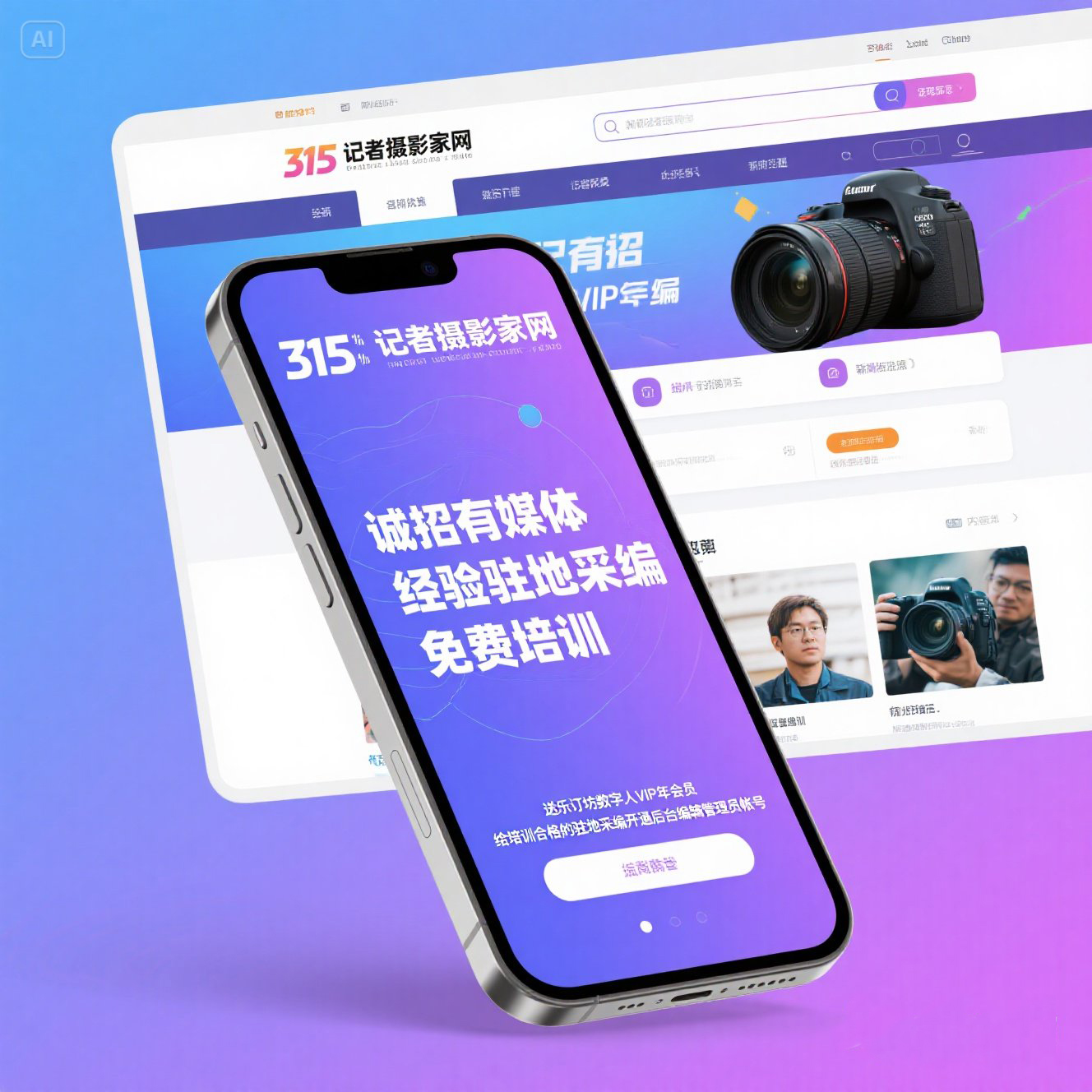 jimeng-2025-06-28-9246-315记者摄影家网显示中文，一部手机，摄影记者，中文字：诚招有媒体经验驻地采编，....jpeg